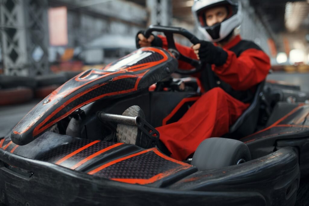 Kart racer enters the turn, karting auto sport